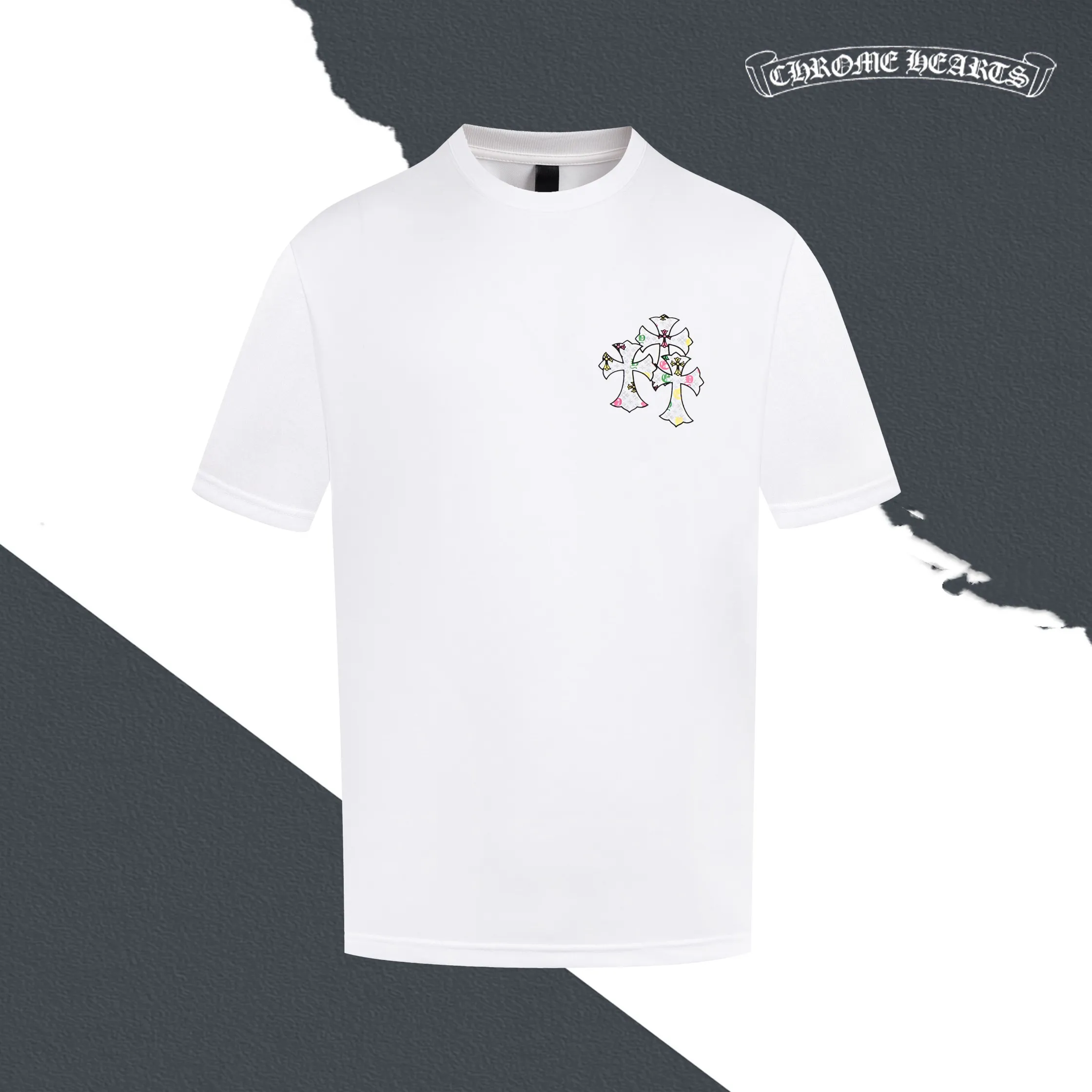 🅿️180 Style No. S023 CH Crow Heart Sanskrit Cross Heavy Embroidery Round Neck Short Sleeve Embroidery Full Packaging Complete with Three Standards Original Matching Accessories 1:1 Main Marking Technology Very High-end It Has Been Preshrunk at High Temperatures and Will Not Deform After Repeated Washing Pure Cotton 280g High Weight 32 Count Double Yarn No Pilling No Fading Comfortable and Breathable Matching 1x1 Thread in the Same Cylinder Oversize Loose Version Can wear up to 220 pounds Color: White Black Size: XS-L